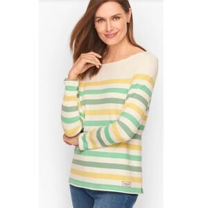 Talbots Womens Boatneck Striped Top L White Green Cotton Nautical Coastal Preppy